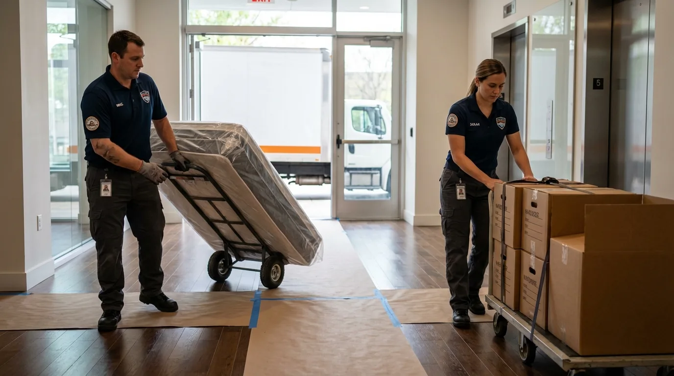 Professional apartment movers loading elevator in Jonesborough, TN