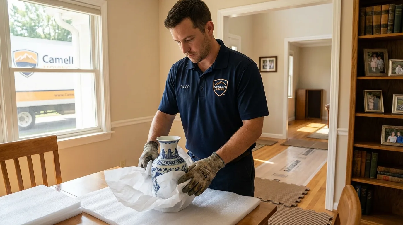 Professional crew carefully wrapping antique vase for senior downsizing move in Jonesborough, TN